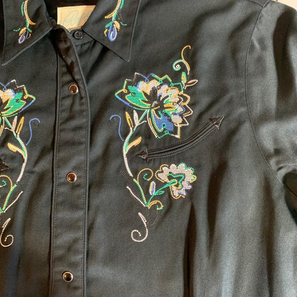 Roper Western Shirt Black Embroidered Floral Pearl Snap Long Sleeve Women's XL - Picture 6 of 8